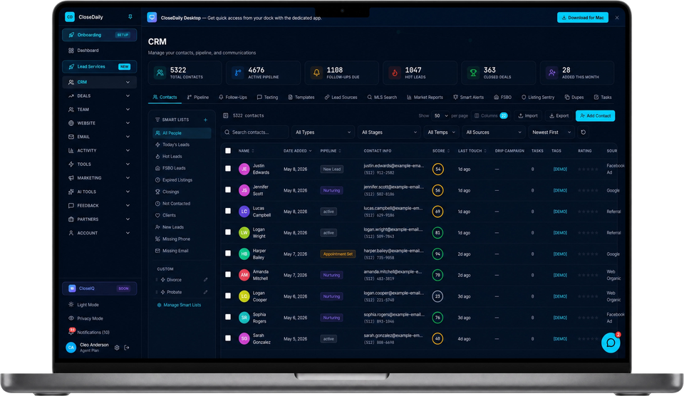 CloseDaily real estate CRM contacts and pipeline view
