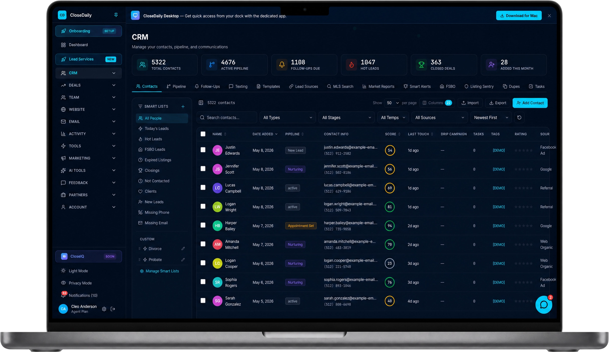 CloseDaily real estate CRM dashboard — contacts, pipeline, lead scoring (dark theme)
