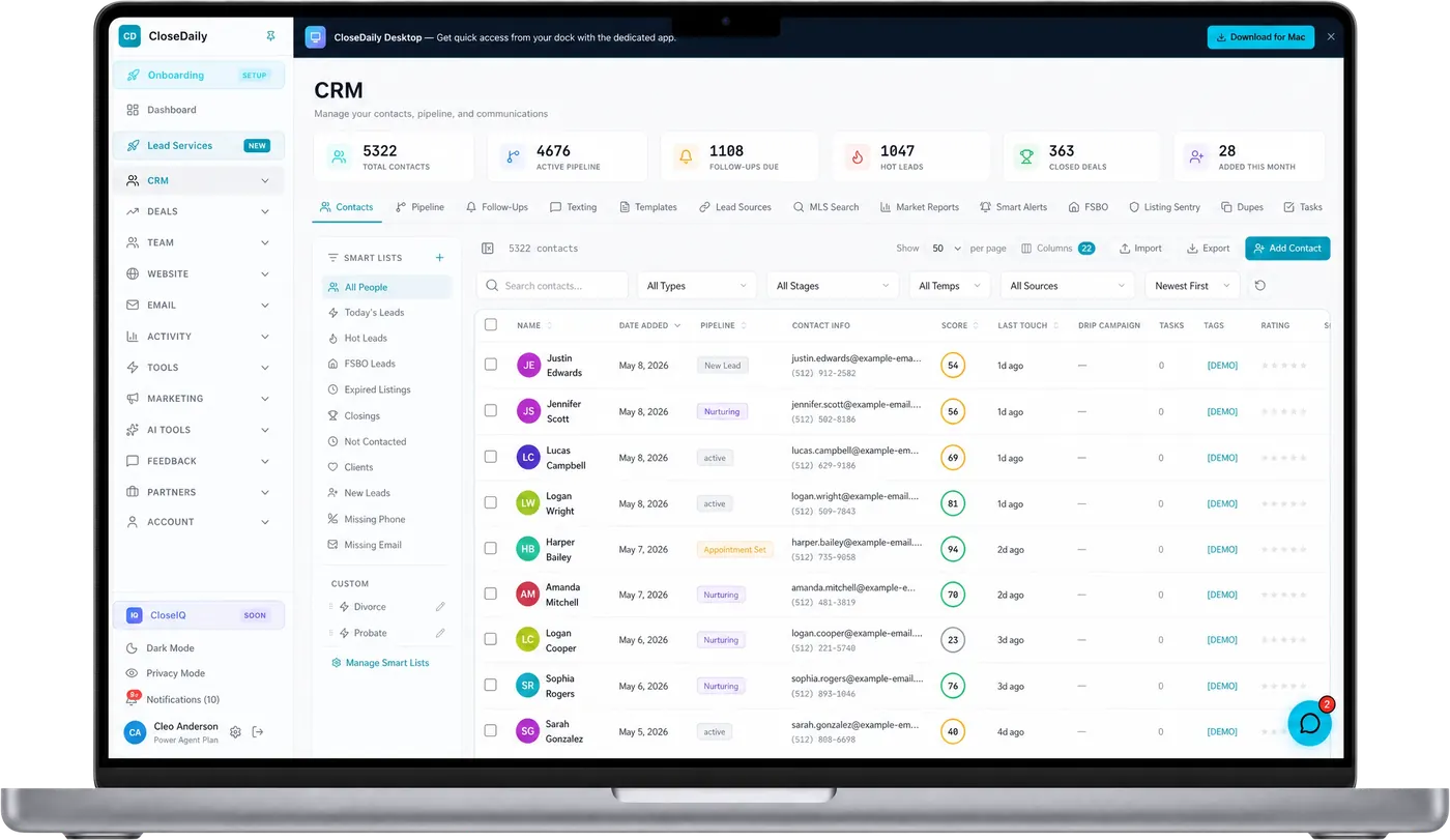 CloseDaily CRM dashboard in light mode