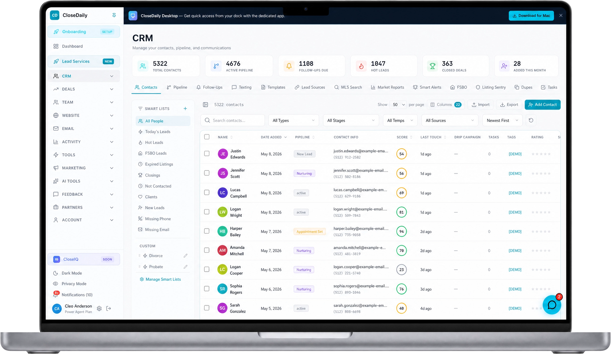 CloseDaily real estate CRM dashboard — contacts, pipeline, lead scoring (light theme)