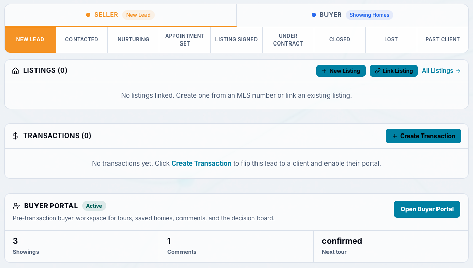 CloseDaily real estate transaction management view with listings, transactions, buyer portal, and CRM pipeline context