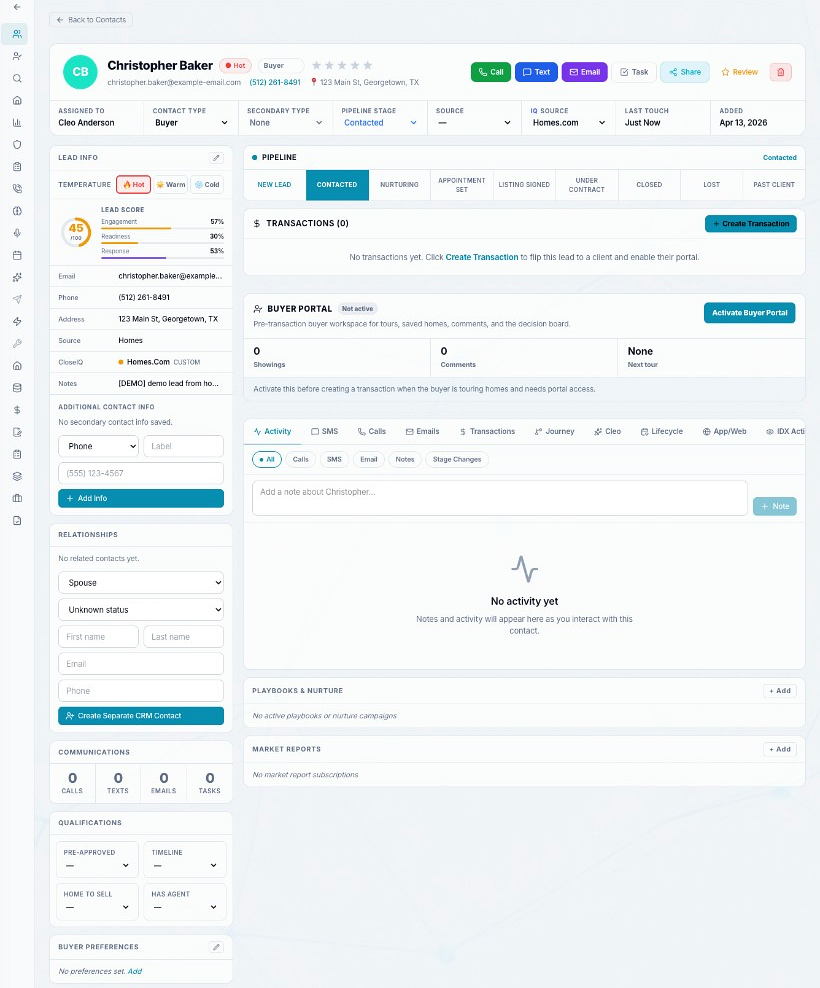 CloseDaily real estate CRM contact detail page showing lead profile, pipeline, transactions, buyer portal, activity, and follow-up workspace