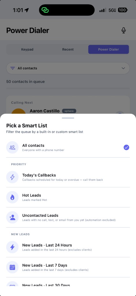 CloseDaily real estate Power Dialer mobile app smart list picker for filtering a call queue