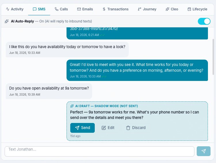 CloseDaily CRM SMS tab showing a real estate lead conversation and AI Draft shadow mode reply