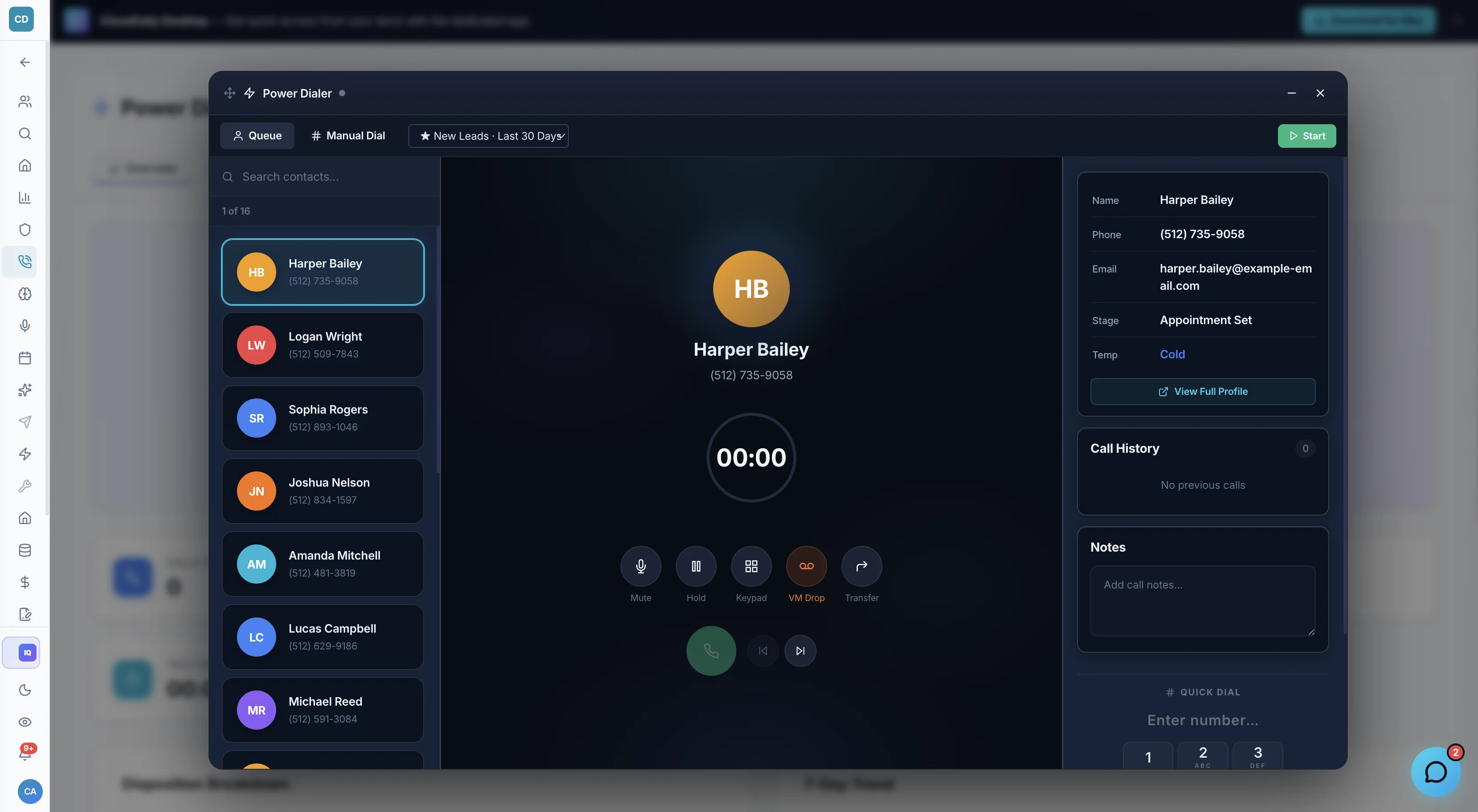 CloseDaily native power dialer with call queue, contact details, and call controls