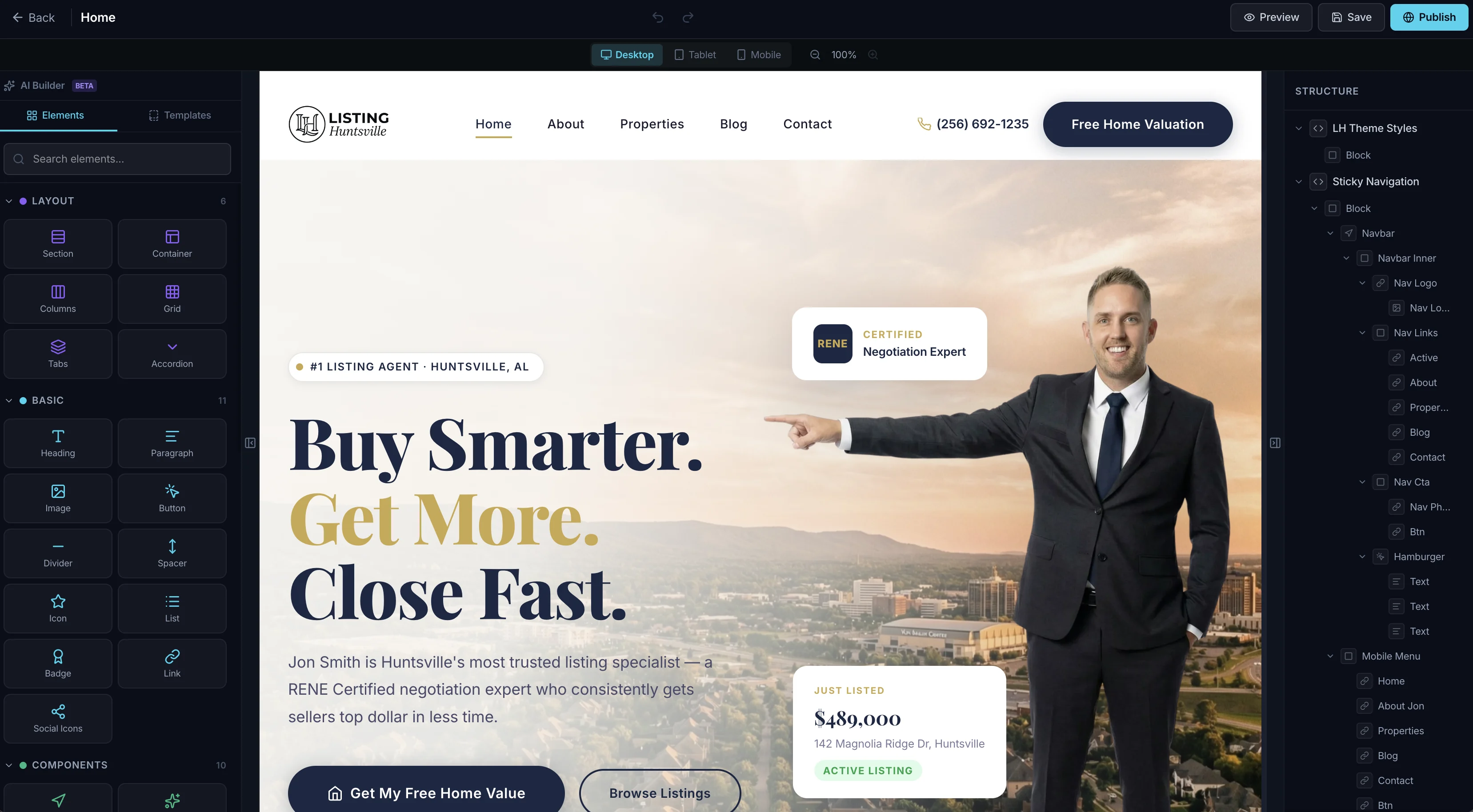 CloseDaily website editor showing a real estate agent website in a visual builder