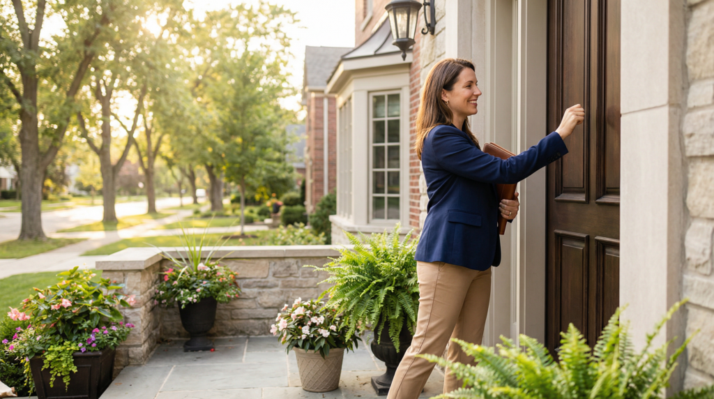 Real estate agent door knocking in a residential neighborhood