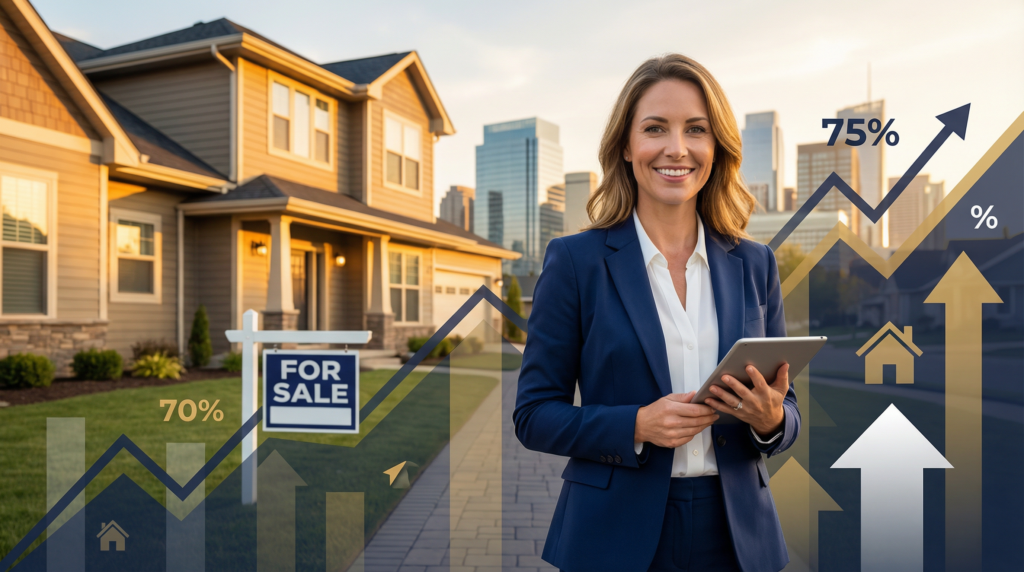 Real estate agent analyzing 2026 housing market trends and data with charts showing market recovery