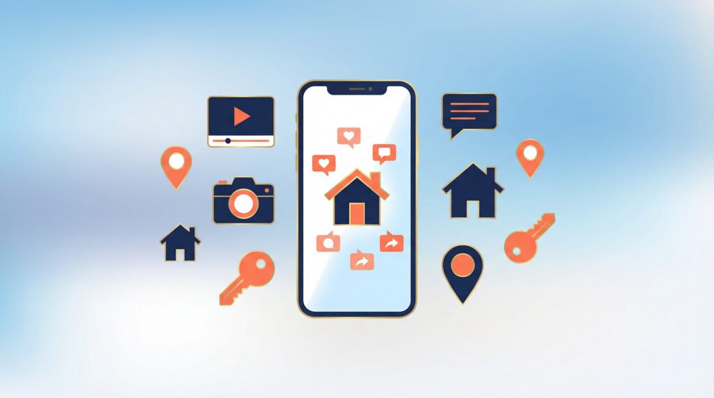 Social media marketing for real estate agents - smartphone with house icon surrounded by social media engagement icons