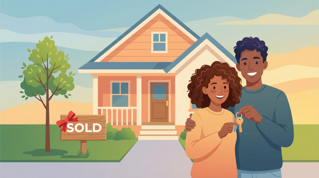 Young couple holding keys in front of their first home with a SOLD sign