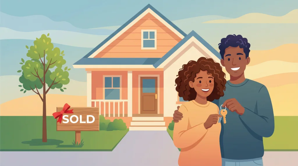 Young couple holding keys in front of their first home with a SOLD sign