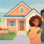 Young couple holding keys in front of their first home with a SOLD sign