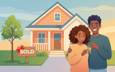 Young couple holding keys in front of their first home with a SOLD sign