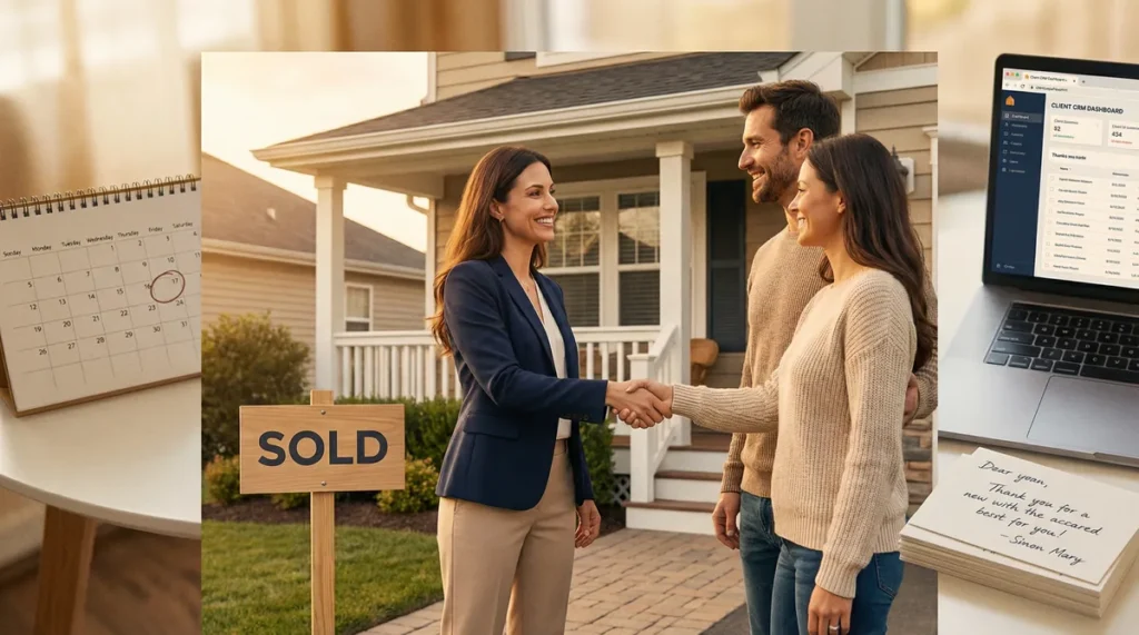 Real estate agent shaking hands with happy clients in front of a sold home, representing client retention and repeat business strategies