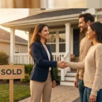 Real estate agent shaking hands with happy clients in front of a sold home, representing client retention and repeat business strategies
