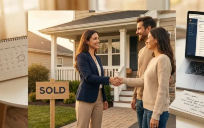 Real estate agent shaking hands with happy clients in front of a sold home, representing client retention and repeat business strategies