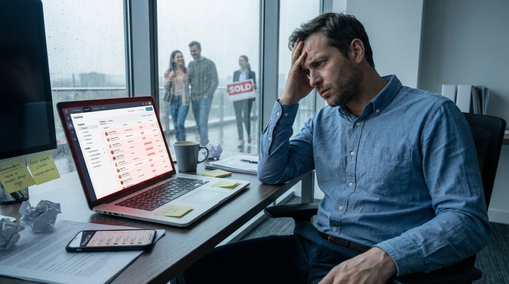 Frustrated real estate agent losing leads at desk with CRM pipeline on laptop and sold sign in background
