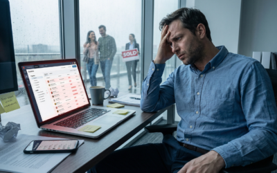 Frustrated real estate agent losing leads at desk with CRM pipeline on laptop and sold sign in background