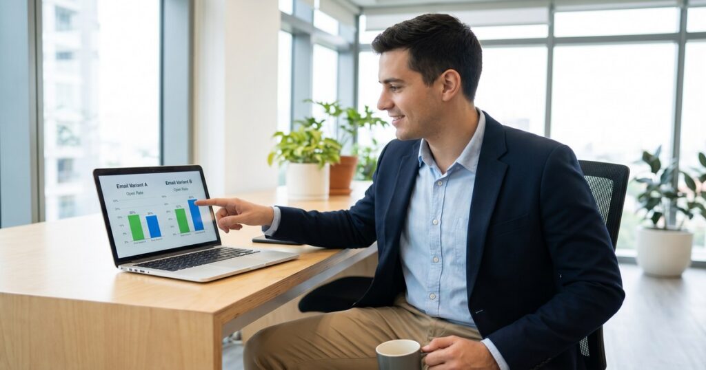 Real estate agent pointing at A/B test email analytics showing two email variants with different open rates