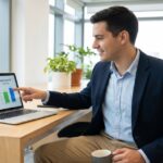 Real estate agent pointing at A/B test email analytics showing two email variants with different open rates