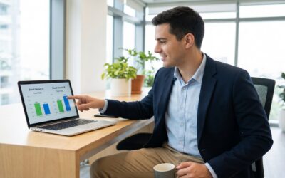 Real estate agent pointing at A/B test email analytics showing two email variants with different open rates
