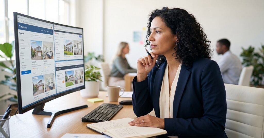 Hispanic female real estate agent comparing best IDX website platforms on large monitor in professional office
