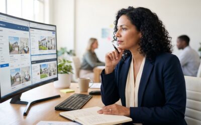 Hispanic female real estate agent comparing best IDX website platforms on large monitor in professional office