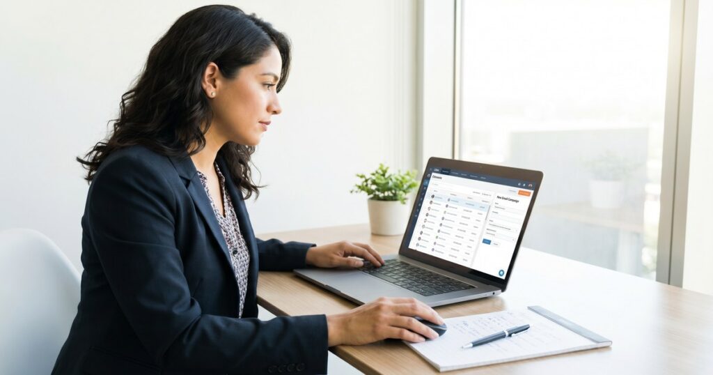 Latina female real estate agent using CRM platform with built-in email marketing campaign builder on laptop