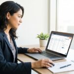 Latina female real estate agent using CRM platform with built-in email marketing campaign builder on laptop