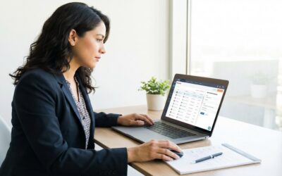 Latina female real estate agent using CRM platform with built-in email marketing campaign builder on laptop