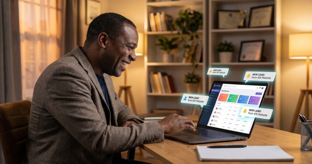 Excited Black male real estate agent receiving new lead notifications from IDX website on CRM dashboard