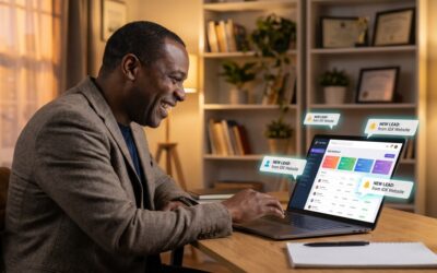 Excited Black male real estate agent receiving new lead notifications from IDX website on CRM dashboard