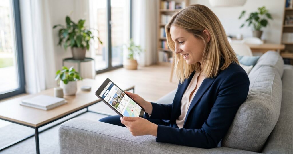 Young female real estate agent browsing IDX property search listings on tablet in modern home living room