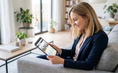 Young female real estate agent browsing IDX property search listings on tablet in modern home living room