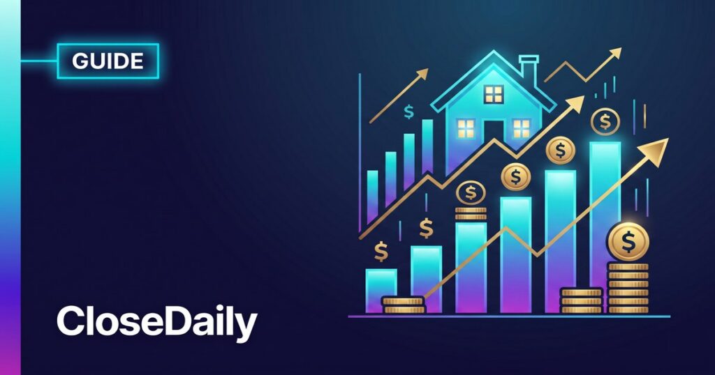 Illustrated guide showing upward trending bar chart with dollar signs and house icon representing real estate agent income growth on dark navy CloseDaily background