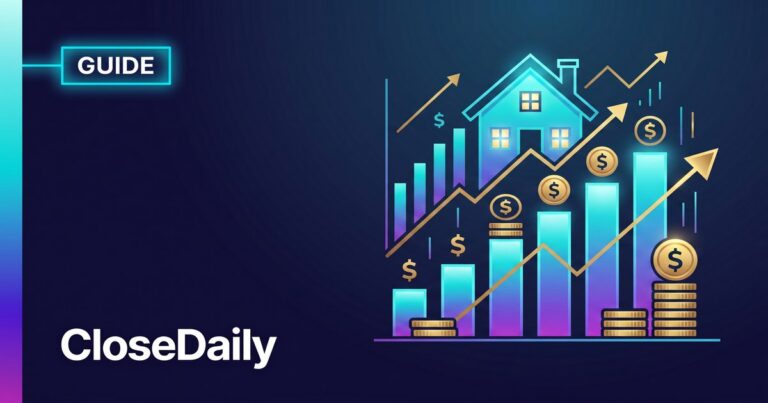 Illustrated guide showing upward trending bar chart with dollar signs and house icon representing real estate agent income growth on dark navy CloseDaily background