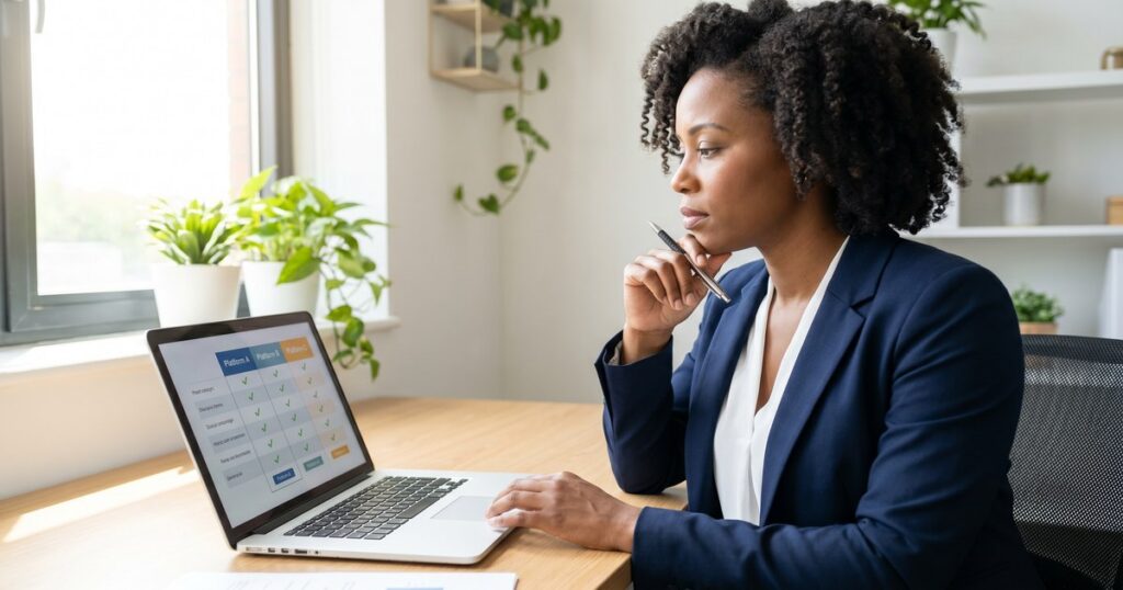 Black female real estate agent thoughtfully comparing IDX provider platforms on laptop with feature comparison chart