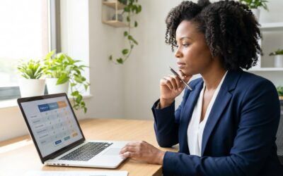 Black female real estate agent thoughtfully comparing IDX provider platforms on laptop with feature comparison chart