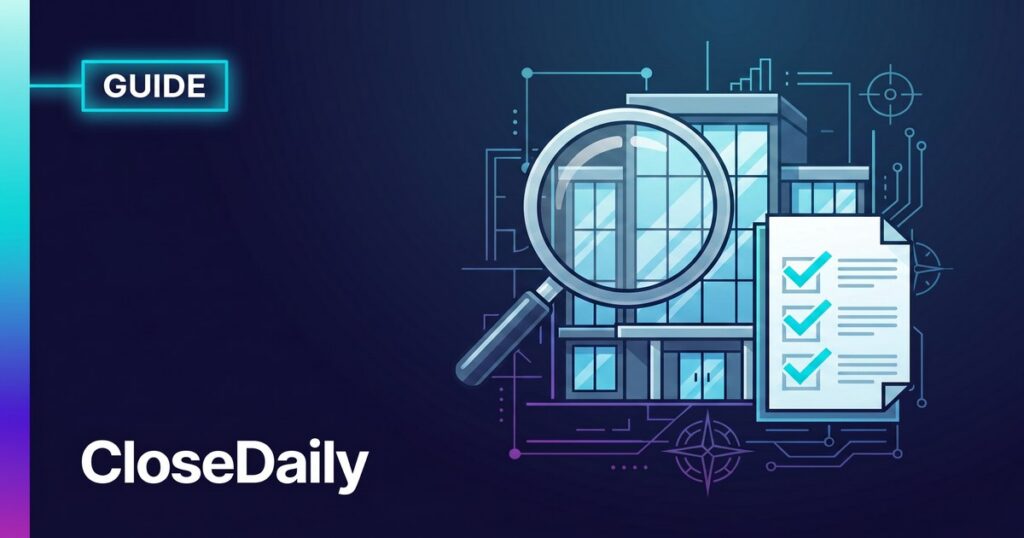 Illustrated guide showing office building with magnifying glass and checklist representing real estate brokerage evaluation on dark navy CloseDaily background