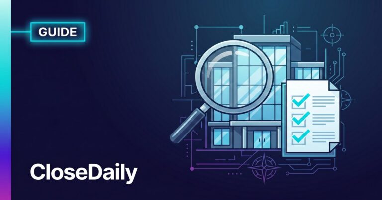 Illustrated guide showing office building with magnifying glass and checklist representing real estate brokerage evaluation on dark navy CloseDaily background