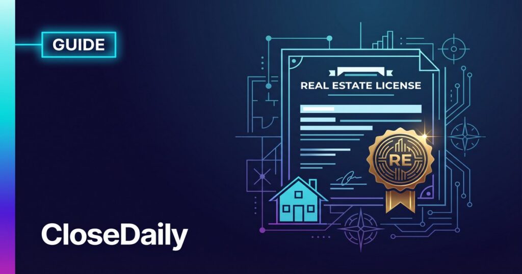 Illustrated guide showing real estate license certificate with gold seal and house icon on dark navy CloseDaily branded background
