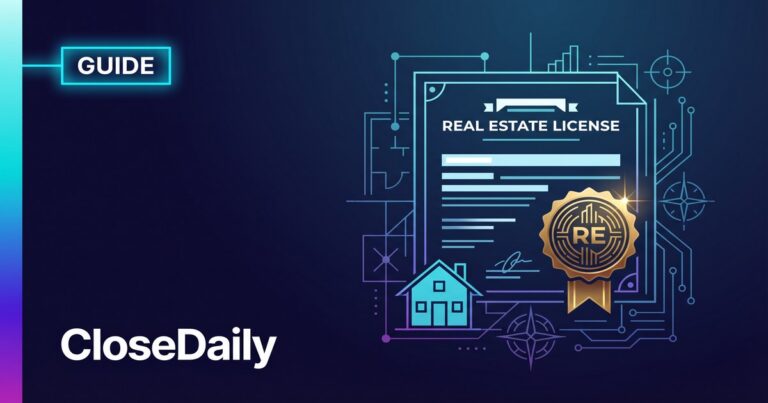 Illustrated guide showing real estate license certificate with gold seal and house icon on dark navy CloseDaily branded background
