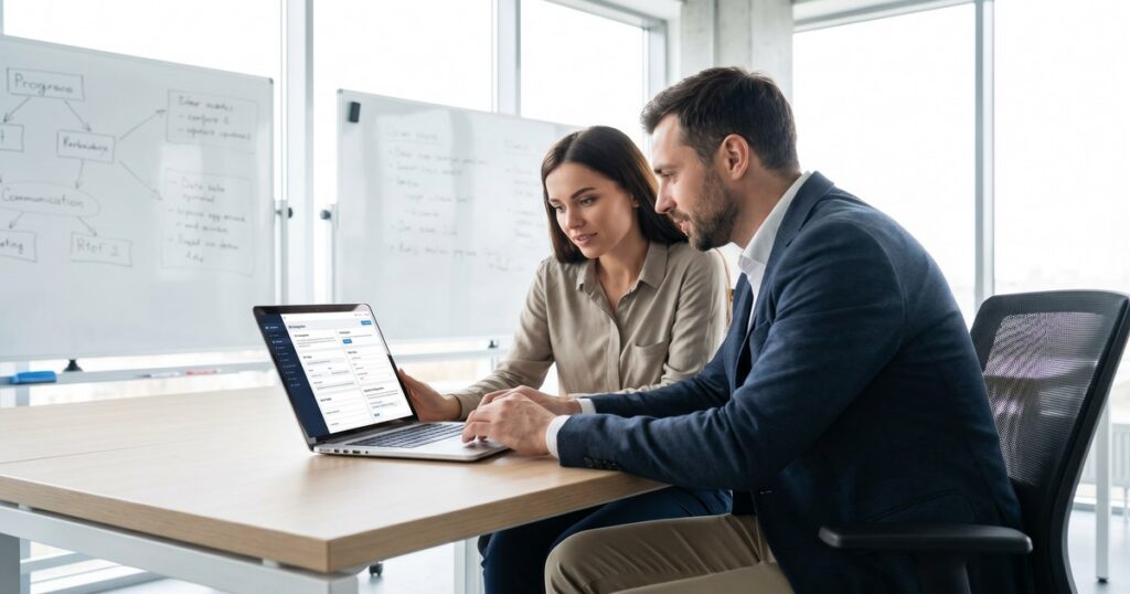 Real estate agent and web developer collaborating on IDX website integration settings on laptop in modern office