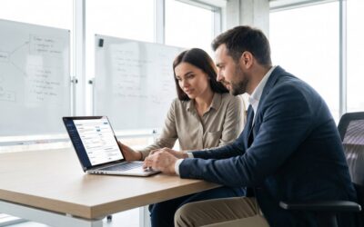 Real estate agent and web developer collaborating on IDX website integration settings on laptop in modern office