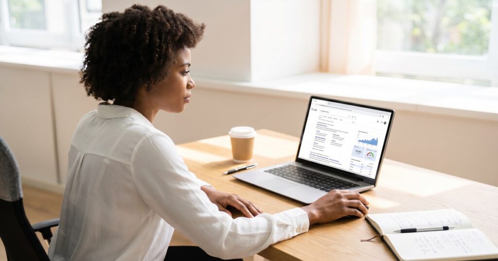 Black female real estate agent reviewing Google search results and SEO analytics for IDX website listing pages