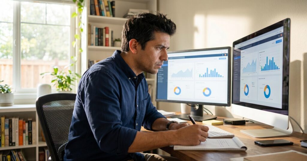 Real estate agent comparing kvCORE and CloseDaily CRM platforms on dual monitors in home office