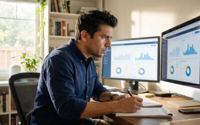 Real estate agent comparing kvCORE and CloseDaily CRM platforms on dual monitors in home office