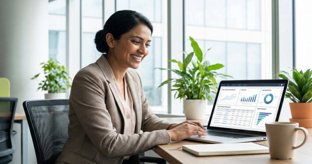 South Asian female real estate agent smiling at CRM email marketing dashboard showing campaign performance metrics