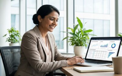South Asian female real estate agent smiling at CRM email marketing dashboard showing campaign performance metrics