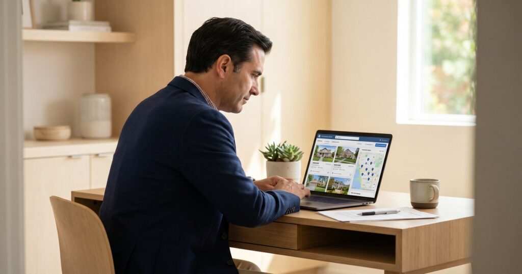 Real estate agent reviewing MLS property search results on laptop with IDX website integration